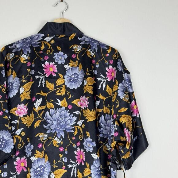 Karen Stuart Women’s Floral Satin Kimono Robe Medium Black Purple Yellow Flowers - Picture 6 of 9